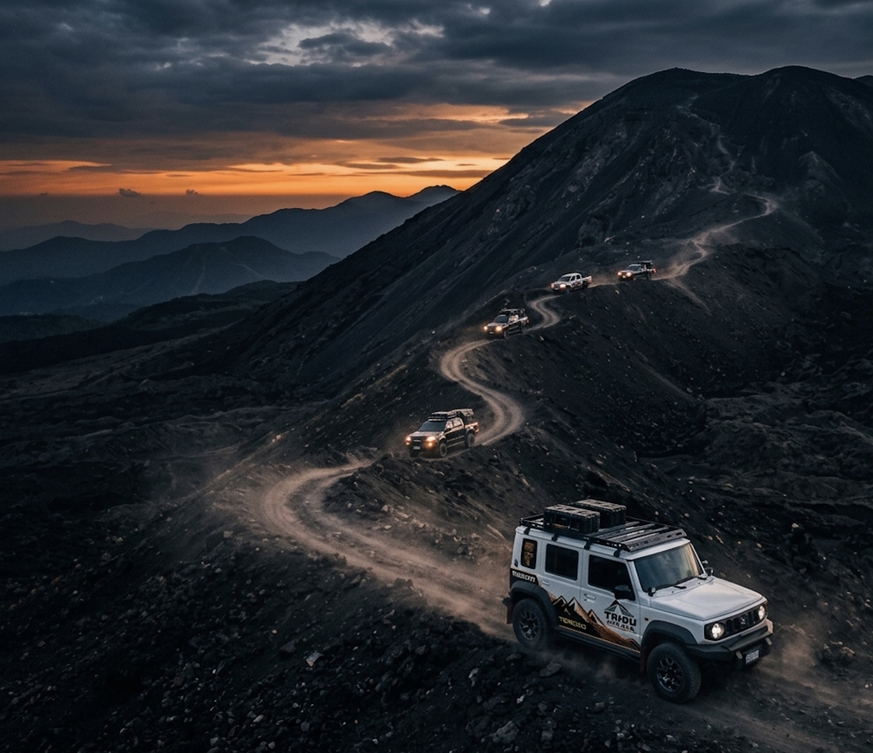 Convoy de la Tribu subiendo el volcán al atardecer, la loncherita equipada al frente y más vehículos 4x4 ascendiendo por la ladera
